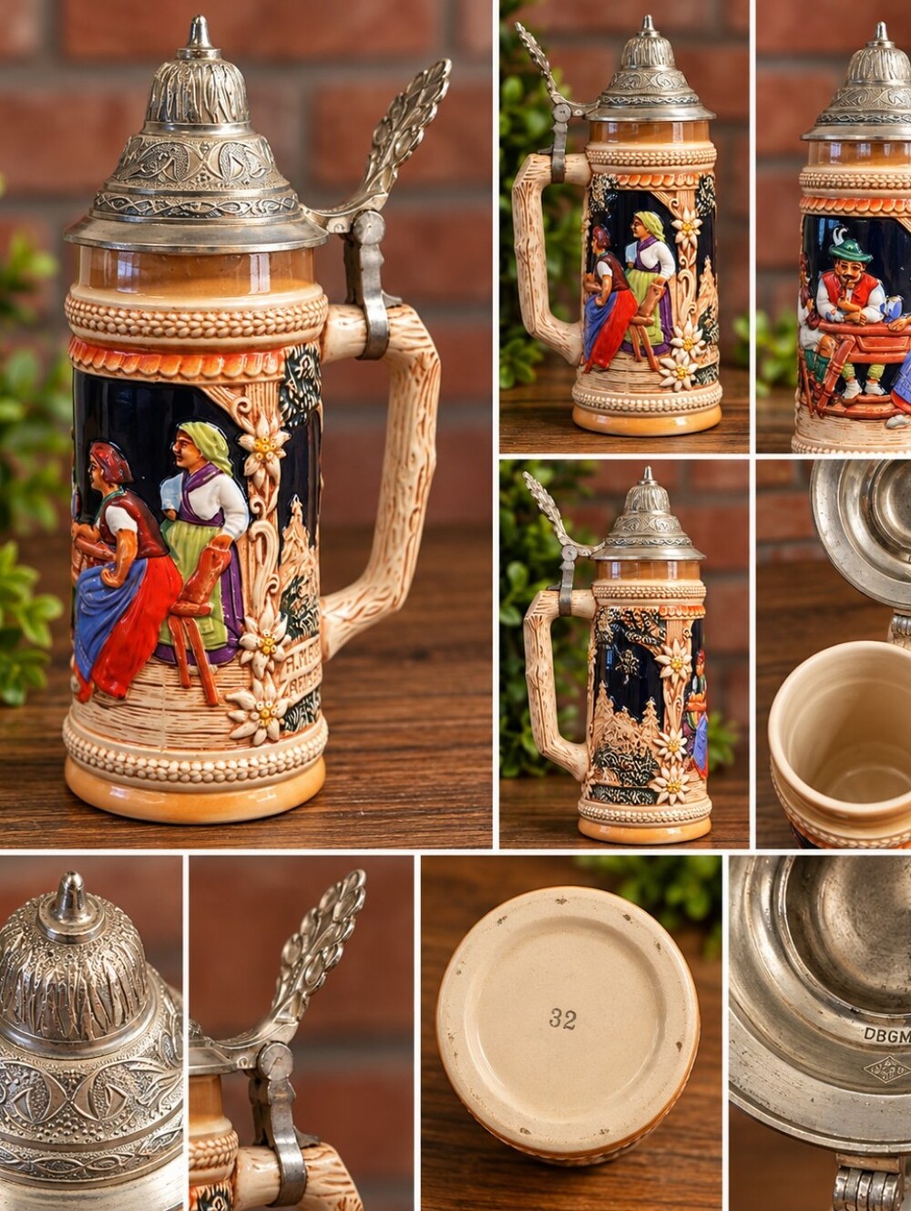 Vintage German Relief Beer Stein – Ornate Metal Lid